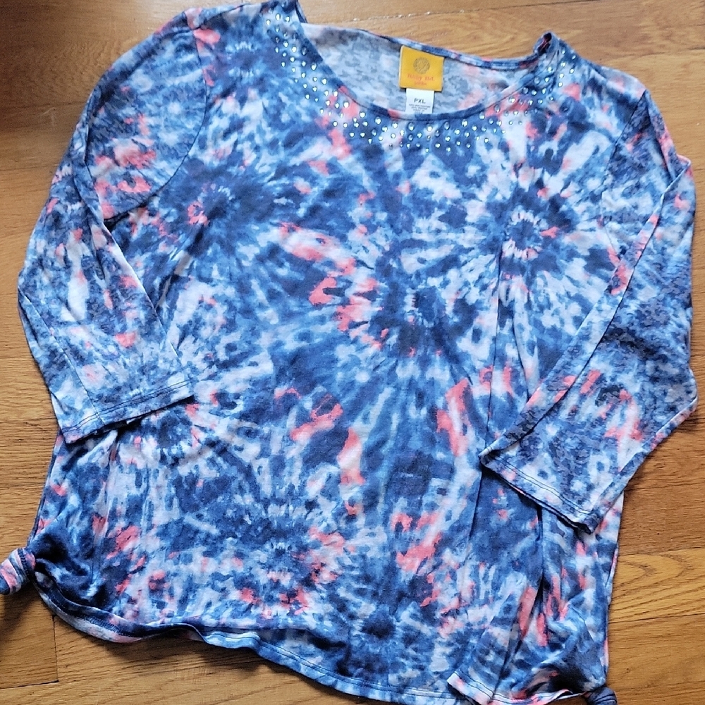 PXL Ruby Rd Tie-Dye 3/4 Sleeve Top with Rhinestone Detail